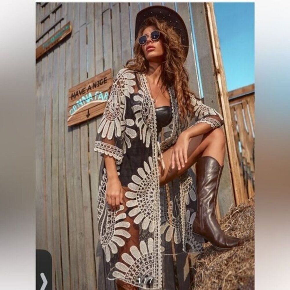 Elegant Black and Cream Floral Swim Cover-Up - Picture 1 of 3